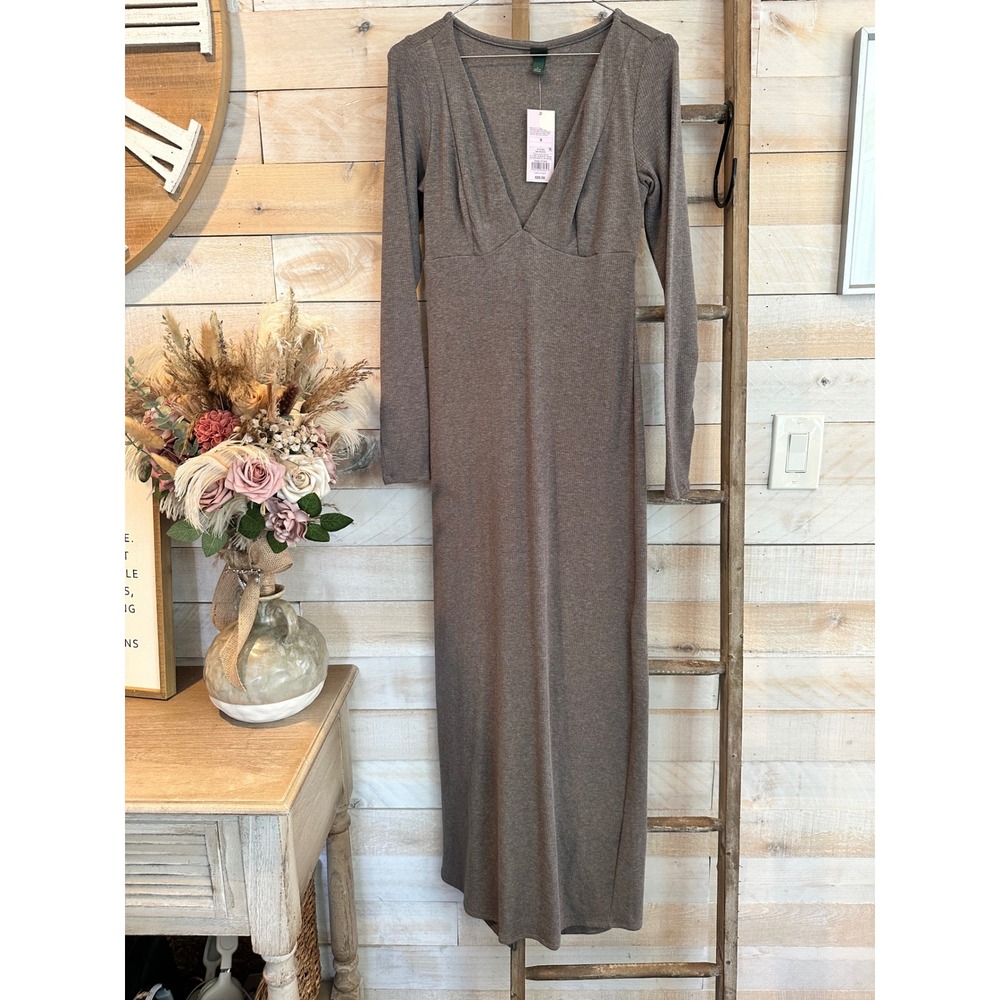 Wild Fable Ribbed V-Neck Long Sleeve Maxi Dress Brown Taupe S NEW